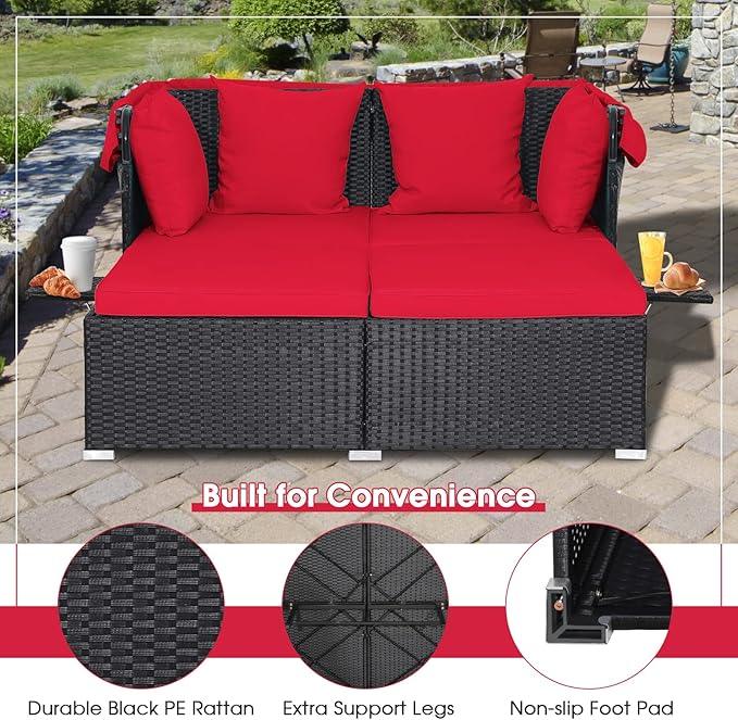 RELAX4LIFE Patio Outdoor Daybed with Canopy, Wicker Sunbed w/Cushions, 4 Pillows & 2 Retractable Side Trays, 2-Person Lounge Bed Conversation for Poolside Porch Garden, Rattan Outdoor Bed (Red)