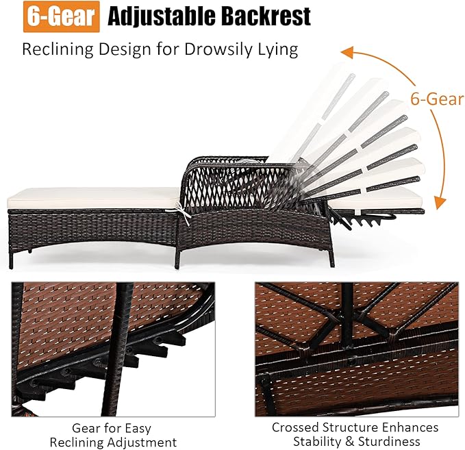 Tangkula Wicker Chaise Lounge Outdoor Set of 2, Patio Rattan Reclining Chaise with 6-Gear Adjustable Backrest, Thick Padded Cushion & Removable Lumbar Pillow, Pool Lounge Chairs for Outside Balcony