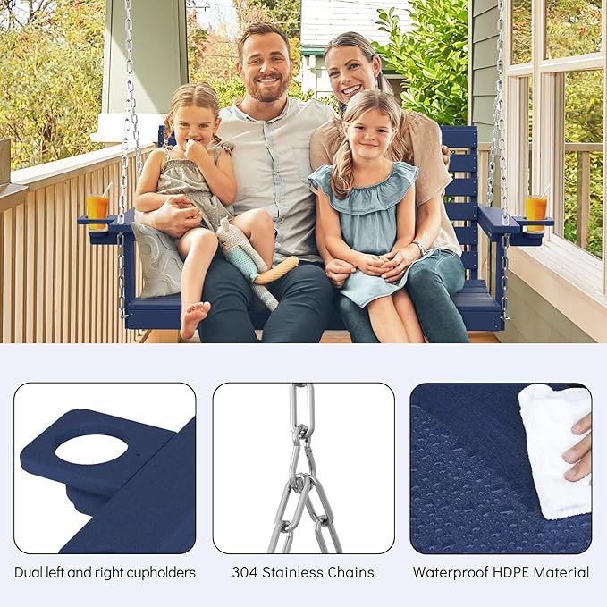 Plawdlik Porch Swings,2 Seat Patio Chair with Two Cup Holders,HDPE Waterproof Bench for Courtyard-Navy Blue