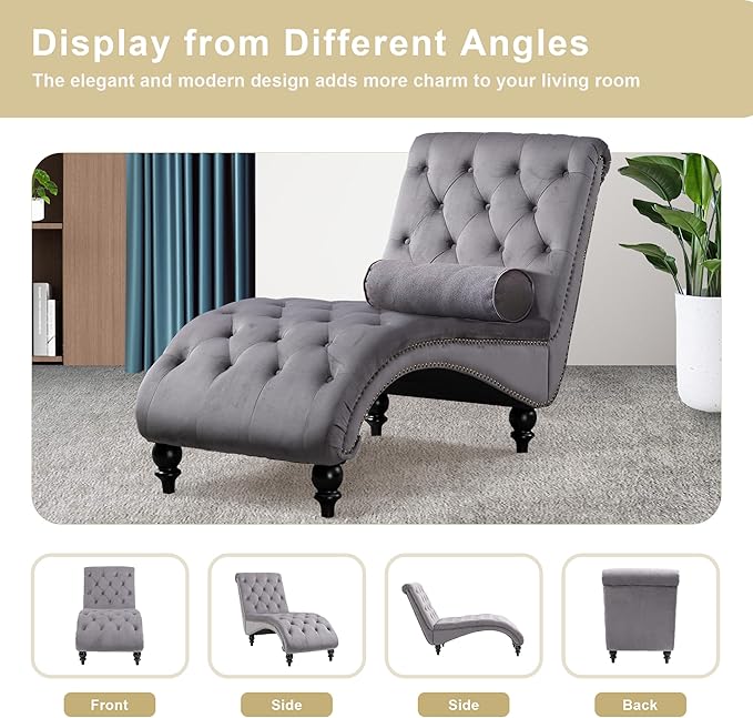 Chaise Lounge Indoor,Velvet Upholstered Lounge Chair Button-Tufted Armless Chair with Pillow, for Bedroom Living Room Office Modern Backrest Leisure Recliner Sleep Sofa,Gray