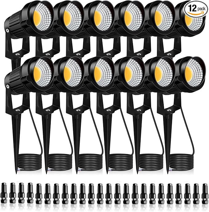 12W LED Landscape Lights Low Voltage, 3000K Warm White 12V AC/DC Waterproof Outdoor Spotlights, IP65 Garden Pathway Lights with 12 Spike Stands for Tree Garden Yard Pathway (12 Pack)