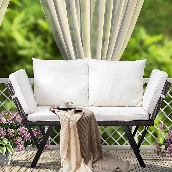 Outvita Outdoor Convertible Couch Sofa Bed, Woven Rattan Patio Furniture Daybed w/Adjustable Armrests, Removable Cushions and Pillows for Porch Pool Balcony