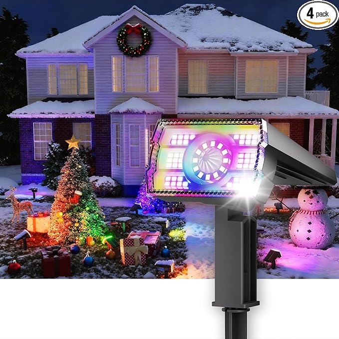 Christmas Solar Spot Lights Outdoor Waterproof 4-Pack, Multicolor RGB Solar Powered Landscape Lights with 6 Colors 10 Modes, 58 LED Adjustable Spotlights for Yard Garden Patio Landscape Pathway Decor