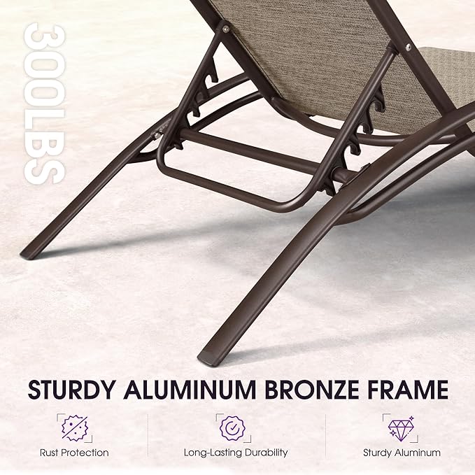 PURPLE LEAF Outdoor Oversized Chaise Lounge Chair Set of 3 Patio Pool Lounger Bronze Aluminum Chairs with Side Table Adjustable Tanning Recliner for Outside Backyard Yard Deck Beach Ivory Granite