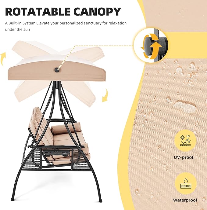 HOMREST 3 Person Outdoor Porch Swing with 1.5" Upgraded Cup Holder, Adjustable Canopy, Backrest, Patio Swing Bed with Weather Resistant Steel Frame, Cushions for Garden,Deck and Poolside(Khaki)
