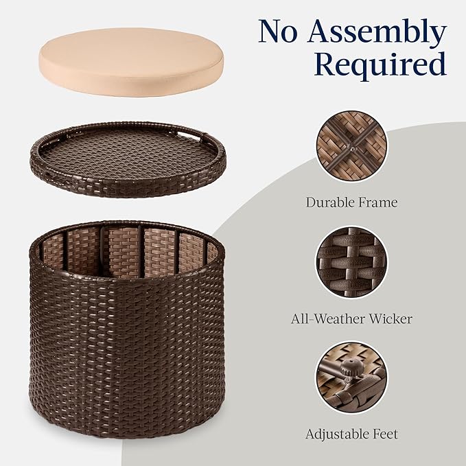 Best Choice Products Round Wicker Ottoman, Multipurpose Outdoor Furniture for Patio, Backyard, Additional Seating, Footrest, Side Table w/Storage, Removable Cushions – Brown/Beige