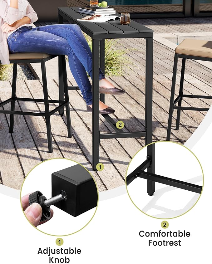 Crestlive Products Outdoor Bar Table and Chairs Set, 3 Piece Outside Patio Bar Set with 63" Long Bar Table and 2 Bar Stools for Balcony, Bistro, Garden, Backyard(Black Desktop and Beige Cushion)