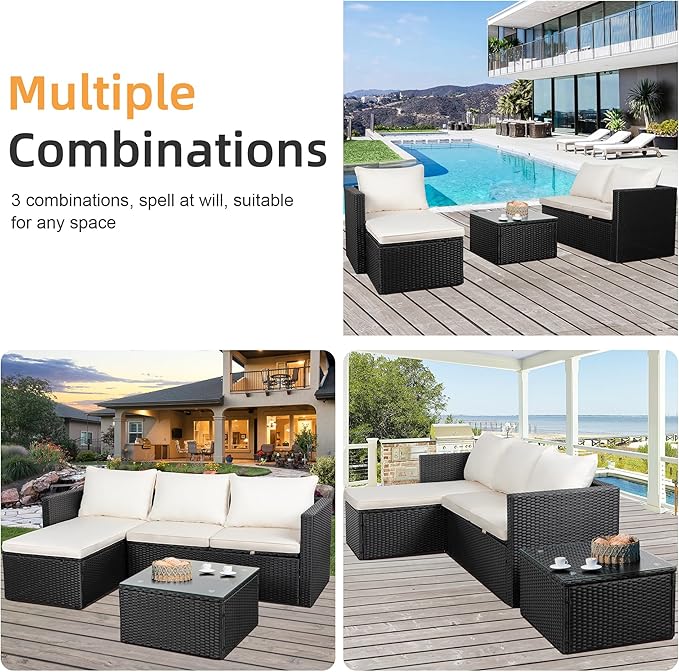 Shintenchi Outdoor Patio Furniture Sets, Small Outdoor Sofa Patio Sectional Sets 3-Piece All Weather Wicker Rattan Patio Seating Sofas with Glass Coffee Table and Cushion (Beige)