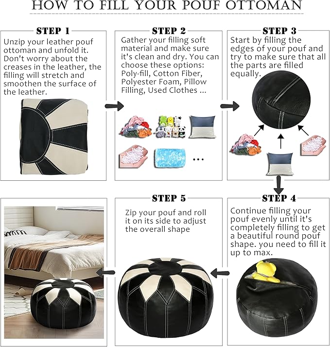 Thgonwid Unstuffed Moroccan Faux Leather Pouf Ottoman with Storage - Handmade Boho Chic Multi-Use Footrest for Living Room, Bedroom, Patio - Round Ethnic Floor Cushion & Decorative Accent, Black&White