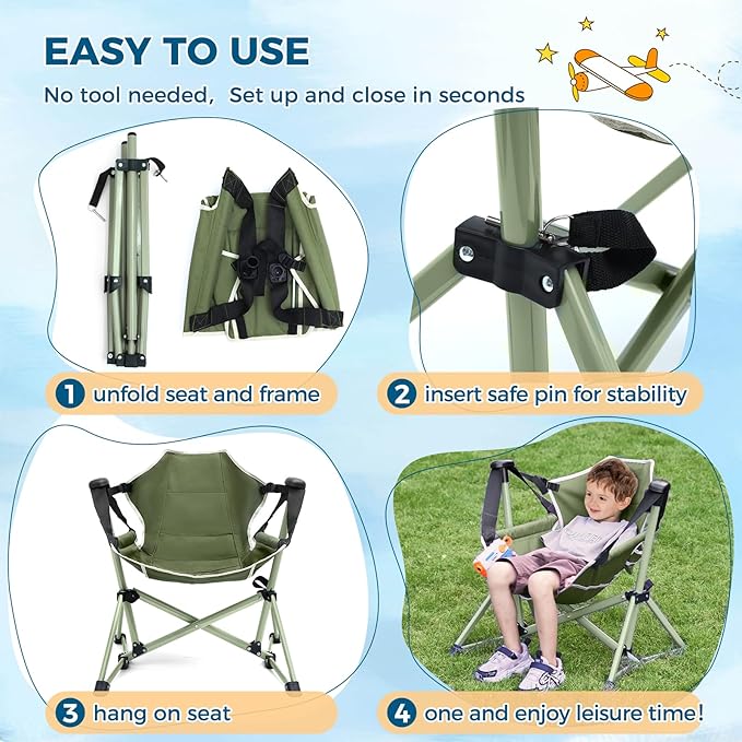 Kids Hammock Chair,Adjustable Kids Camping Chair,Folding Chair with Stand,Portable Hammock Chair for Camping, Travelling and Patio,Green,Supports 135 LBS