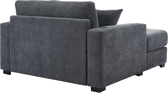 Merax Modern Upholstered Indoor Chaise Lounge with Pillows, Charge Station & Cup Holders, Single Sofa Couch with Armrest and Soild Wood Legs, Blue Gray