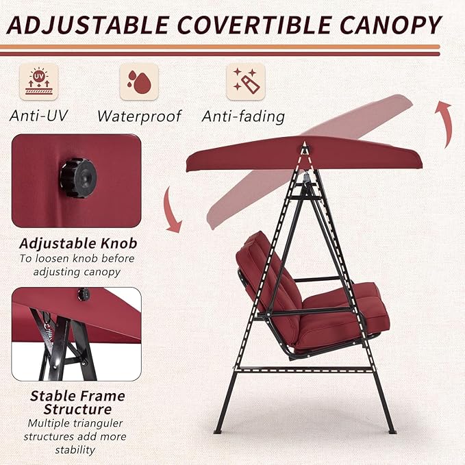 AECOJOY 2-Seat Outdoor Patio Swing Chair with Adjustable Canopy, Porch Swings Chairs for Adult, Outside Swing Bench with Removable Cushion, Suitable for Backyard, Garden, Yard, Poolside, Balcon, Red