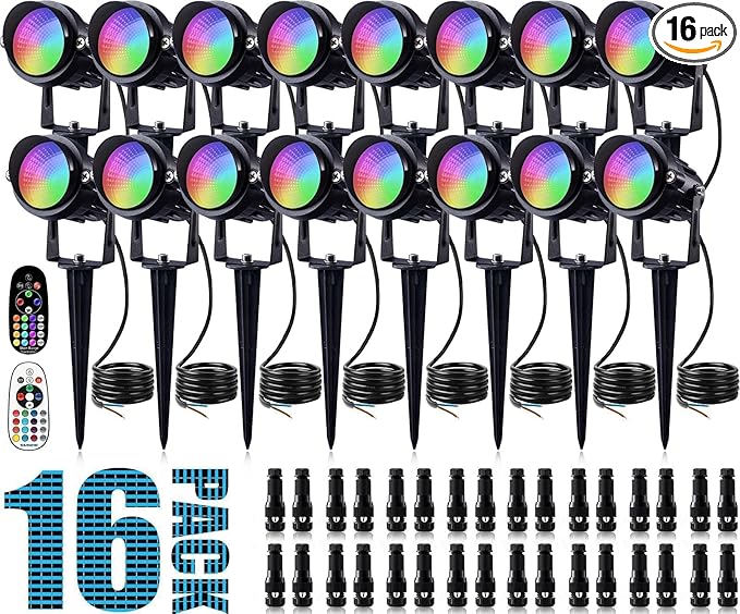 SUNVIE Christmas RGB Low Voltage Landscape Lights 12W LED Color Changing Landscape Lights Remote Control Waterproof Spotlights Outdoor Landscape Lighting for Yard Garden 16 Pack with Connector