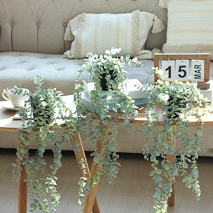 COCOBOO 3pcs Hanging Fake Plants, Artificial Hanging Plants Fake Potted Eucalyptus for Wall Room Home Patio Indoor Outdoor Decor