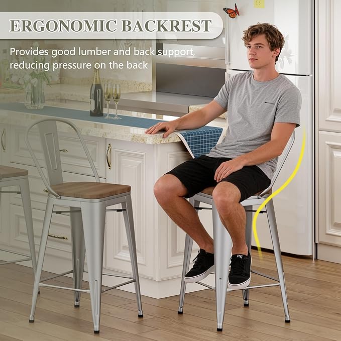 Yongqiang 24 inch Bar Stools Set of 4 Metal Kitchen Counter Height Bar Chairs Barstools with Large Wooden Seat, High Back Silver