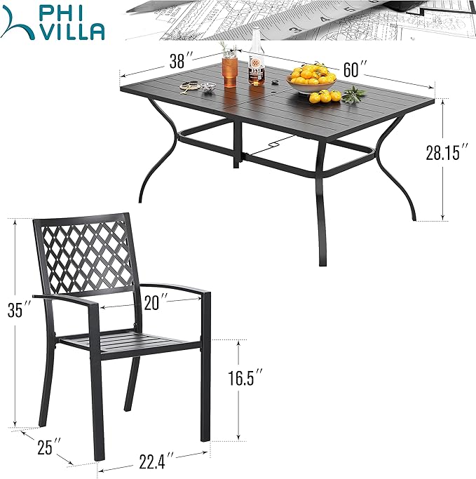 PHI VILLA 7 Pieces Outdoor Dining Set for 6, 60” Rectangular Metal Table with Umbrella Hole & Stackable Black Wrought Iron Chairs, Large Outside Furniture for Patio, Deck, Backyard, Porch