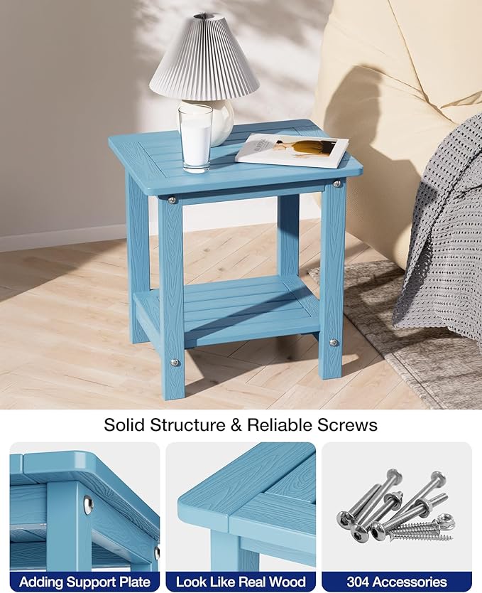YEFU Outdoor Side Table for Patio: 16" HIPS Weather - Resistant Adirondack Tables Set of 2 - Small Square End Tables for Backyard Pool Porch Balcony - Indoor Outdoor Double Layer Table Blue