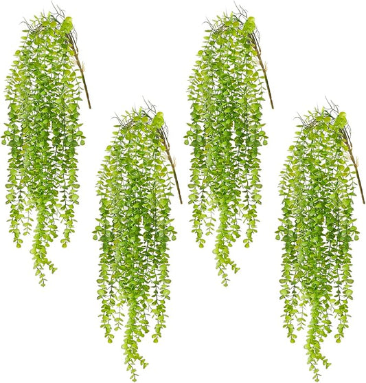 4 Pack Fake Hanging Plants, 38" Artificial Hanging Eucalyptus Plants Greenery Vines UV Resistant Faux Trailing Plants for Indoor Outdoor Wall Shelf Porch Boho Home Patio Decor(4PCS Green)