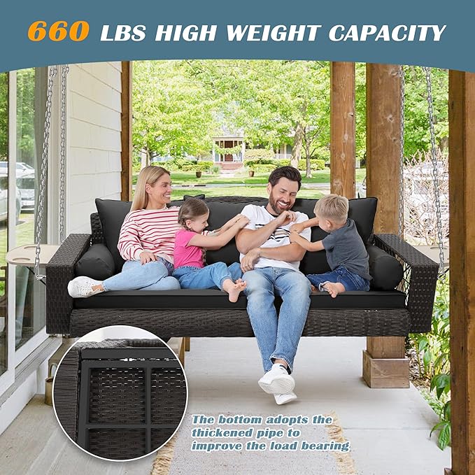 Outdoor Wicker Patio Porch Swing - 3 Person Swing Outdoor Hanging Porch Swing Seat Bench with Chains for Yard, Deck, Garden (Brown Rattan Black Cushion)