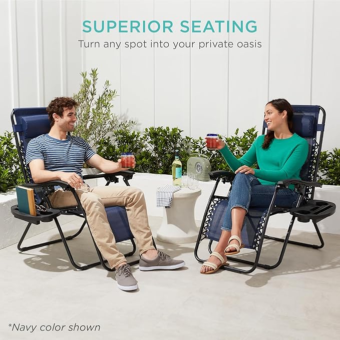 Best Choice Products Set of 2 Adjustable Steel Mesh Zero Gravity Lounge Chair Recliners w/Pillows and Cup Holder Trays - Marine