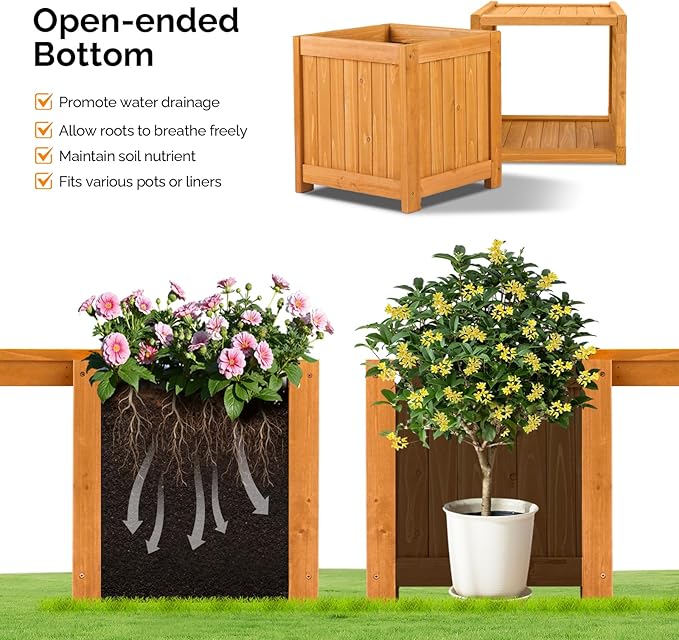 VINGLI Outdoor Wood Bench with Planter Boxes, 2-in-1 All-Weather Porch Bench Seat ＆ Open-Ended Wooden Raised Garden Bed, for Balcony Yard Patio (2 Boxes + Rectangle)