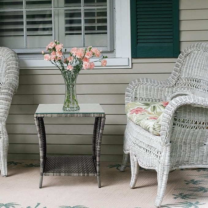 Wicker Rattan Side Table, Outdoor Square Rattan Coffee End Table with Tempered Glass Top and Storage for Patio Porch Lawn (Gray)
