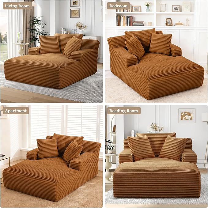 66" Chaise Lounge Chair Indoor, Oversized Boneless Couch Comfy Upholstered Sleeper Sofa Bed with 3 Pillows, Corduroy Cloud Reading Chairs for Living Room No Assembly Required, Orange