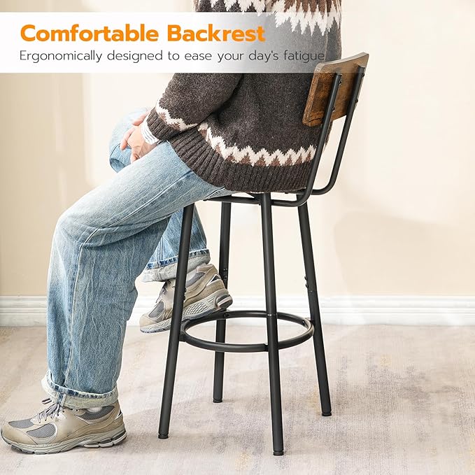 HOOBRO Bar Stools,Set of 2 Round Bar Chairs with Back,25.2" Bar Chairs for Kitchen Island, Dining Room,Counter Height Bar Stools, Easy to Assemble, Rustic Brown and Black BF32BY01G2