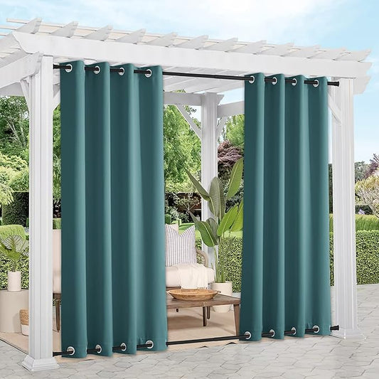 NICETOWN 2 Panels Outdoor Curtains for Patio Waterproof & Windproof, Thermal Insulated Rustproof Top and Bottom Grommet Blackout Outdoor Curtain Drapes for Pergola, W52 by L95, Teal