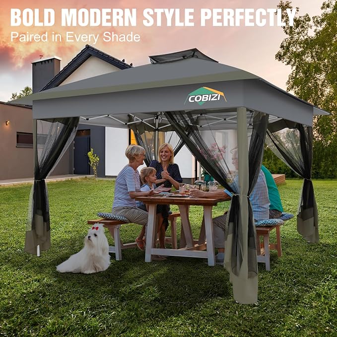 COBIZI Gazebo 13x13 Pop Up Canopy, Gazebos on Clearance - Canopy Tent with Mosquito Netting for Lawn, Garden, Backyard & Patio - Carpas para Patio- Water Resistant and UPF50+ (Gray)
