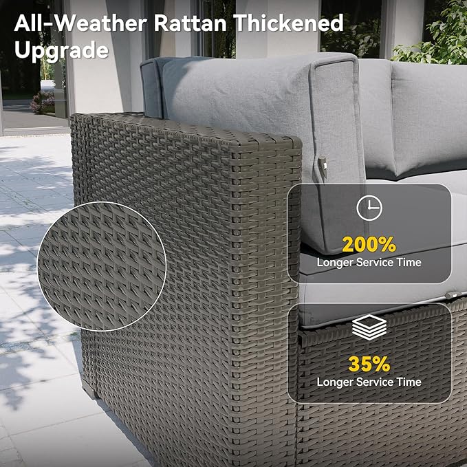 Aoxun Patio Furniture Set with Fire Pit Table, 8 Piece Outdoor Sectional Sofas, Wicker Rattan Outdoor Furniture with Thickened Cushion for Backyard, Garden Light Grey