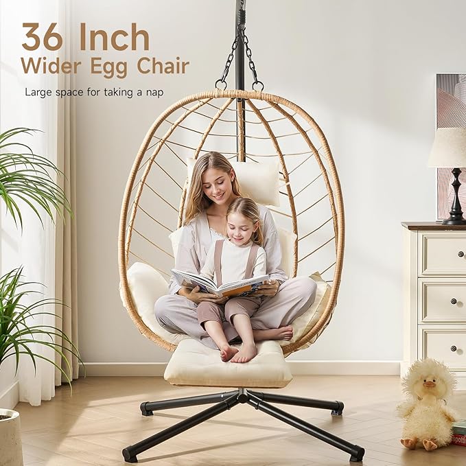 ONBRILL Hanging Egg Chair with Adjustable Footrest & Stand, Wicker Rattan Swing Hammock Chair with Cushion & Double Chains, 350LBS Capacity for Outdoor & Indoor Patio, Deck, Bedroom, Balcony (YE-BE)