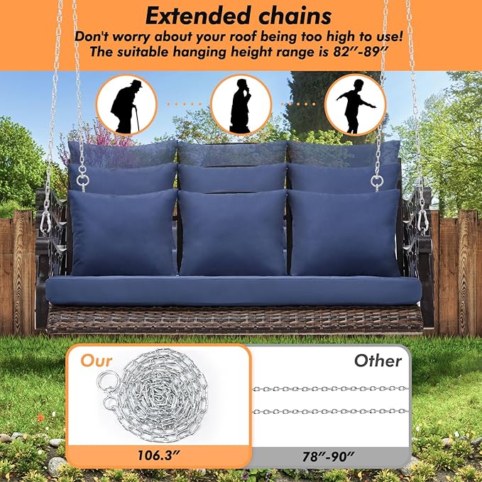 3-Person Wicker Porch Swing Chair Heavy Duty 900 LBS Outdoor Rattan Patio Swing Chair w/Cup-Holder & Steel Chains Hanging Bench Porch Swing Cushions for Deck & Backyard & Garden