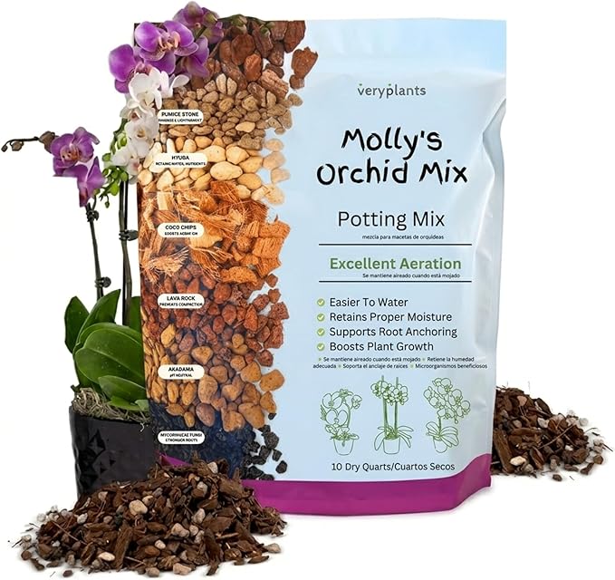 Molly's Orchid Potting Mix - Premium Gritty Soilless Orchid Mix - Chunky High Drainage vs Standard Potting Soil for Indoor Plants - Contains Bark, Coco Chips, Akadama, Pumice, Lava Rock 10 Dry Quarts