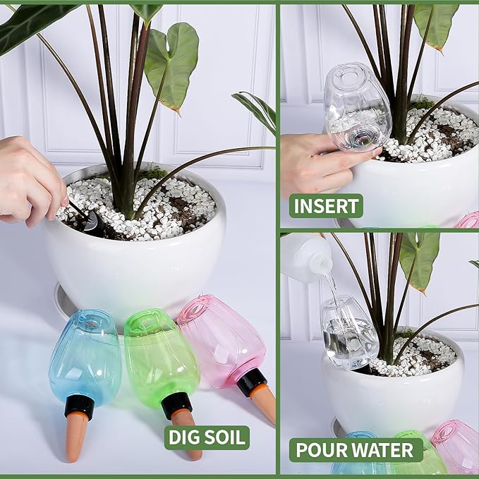 4 Pcs Plant Watering Globes Self Watering Planter Insert Plants Top Fill Water Device Plastic Water Bulbs Slow Release Terracotta for Plants, Green