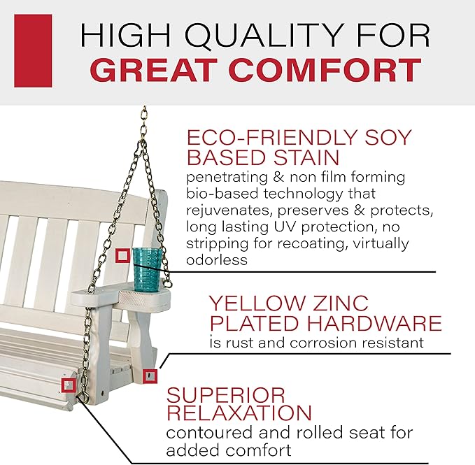 Amish Casual Heavy Duty 800 Lb Mission Treated Porch Swing with Hanging Chains and Cupholders (4 Foot, Semi-Solid White Stain)