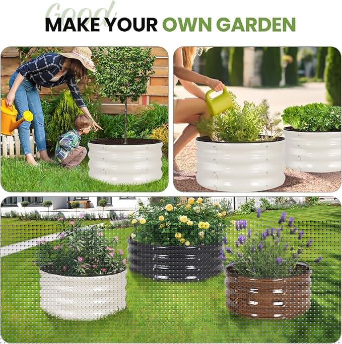 G GOOD GAIN Round Raised Garden Bed - 3Pcs 2x2x1ft Galvanized Steel Planter Boxes Outdoor with Rubber Edge Trim | Metal Raised Beds for Gardening Vegetables Flowers Fruits Herbs (White)