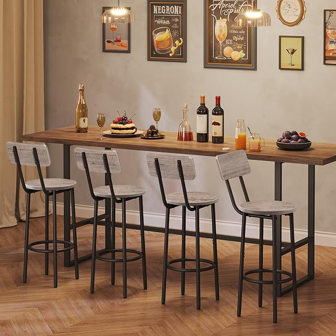 HOOBRO Bar Stools,Set of 2 Bar Stools with Footrest and Back,25.2" Bar Chairs for Kitchen Island, Dining Room,Counter Height Bar Stools, Easy to Assemble, Greige and Black BG32BY01G1