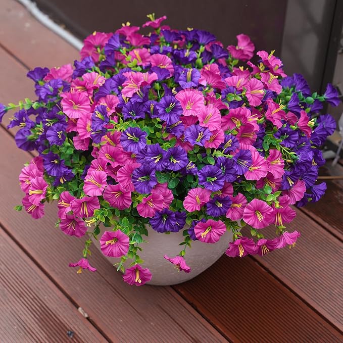 Artificial Flowers for Outdoors, UV Resistant Fake Silk Morning Glory, Realistic Faux Plants for Outside Porch Patio Window Box Hanging Planter (12, Purple Fuchsia)
