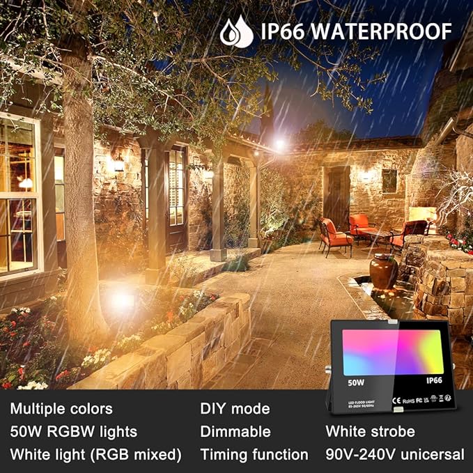 MELPO Led Flood Light 500W Equivalent, RGBW Led Outdoor Lights Colored Floodlight with Remote,50W,5000ML 2700K,120 Colors, Timing, Dimmable, Custom Modes, Landscape Lighting (2 Pack)