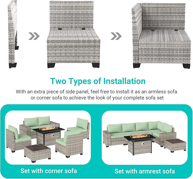 13-Piece Outdoor Patio Furniture Set with 55,000 BTU Fire Pit Table, PE Wicker Rattan Sectional Sofa Patio Conversation Set with Coffee Table, Light Green