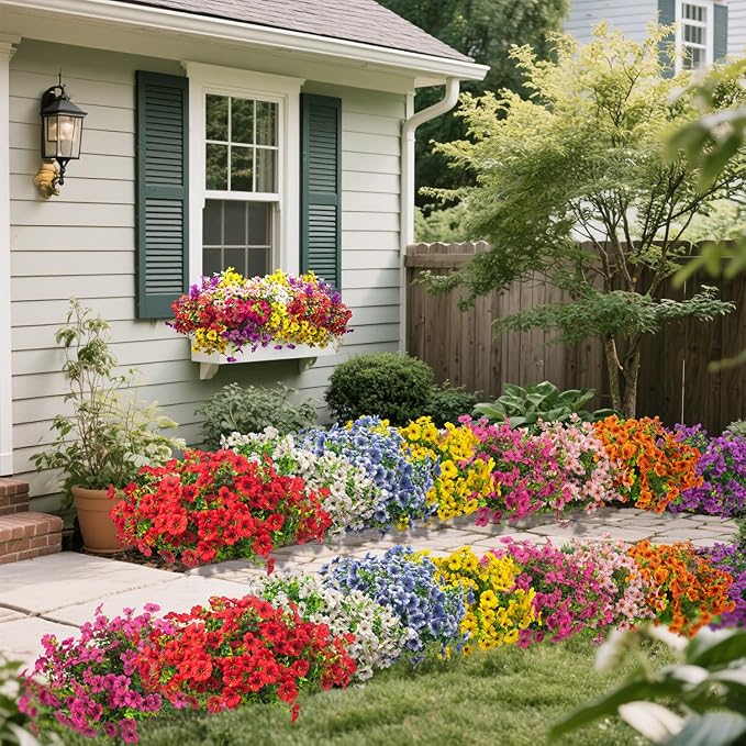 20 Bundles Artificial Flowers for Outdoors, UV Resistant Fake Plants Flowers Greenery Shrubs Plants for Decoration Outside Plants Hanging Planter Home Garden Decor (Blue)