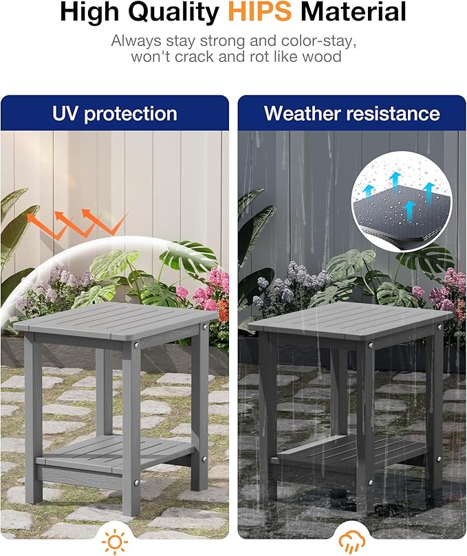 YEFU Outdoor Side Table for Patio: 16" HIPS Weather - Resistant Adirondack Tables - Waterproof Small Square End Tables for Backyard Pool Porch Balcony - Indoor Outdoor Double Layer Table Grey