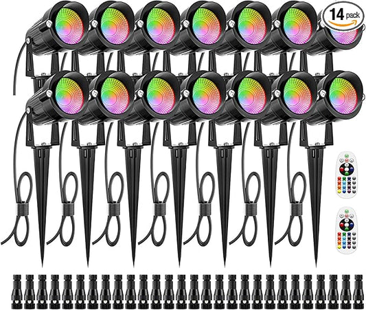 ZUCKEO 12W RGB Low Voltage Landscape Lighting Remote Control Color Changing Landscape Lights, Waterproof LED Outdoor Spotlight for Garden Pathway House Christmas Decor, 14 Pack with Connector