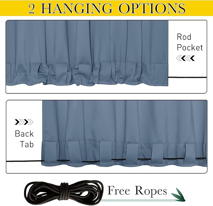 NICETOWN 2 Panels Outdoor Curtains for Patio Waterproof & Windproof, Extra Wide Grommet & Back Tab on Top & Bottom Thermal Insulated Sun Blocking Drapes with Rope for Deck, Stone Blue, W100 x L84