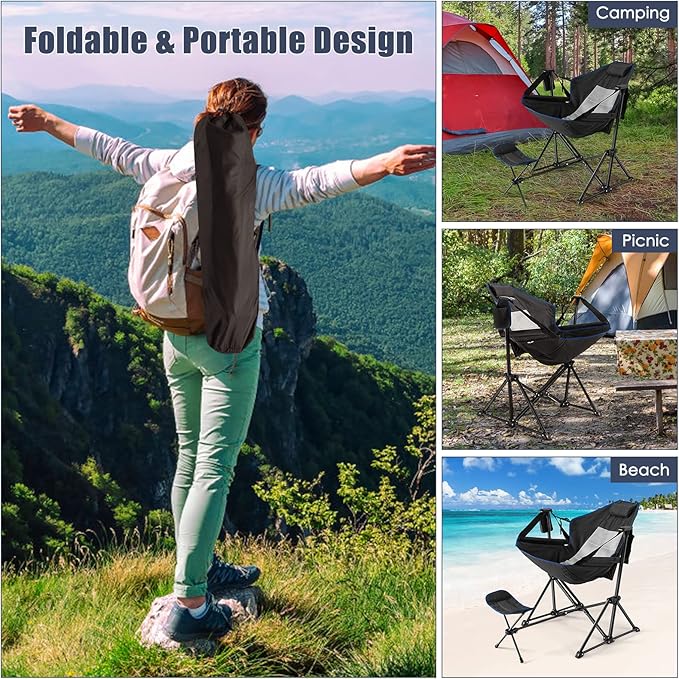Tangkula Hammock Camping Chair, Portable Camp Chair with Retractable Footrest, Adjustable Back, Headrest, Cup Holder & Carry Bag, Outdoor Folding Lawn Chair for Camping, Fishing, Hiking