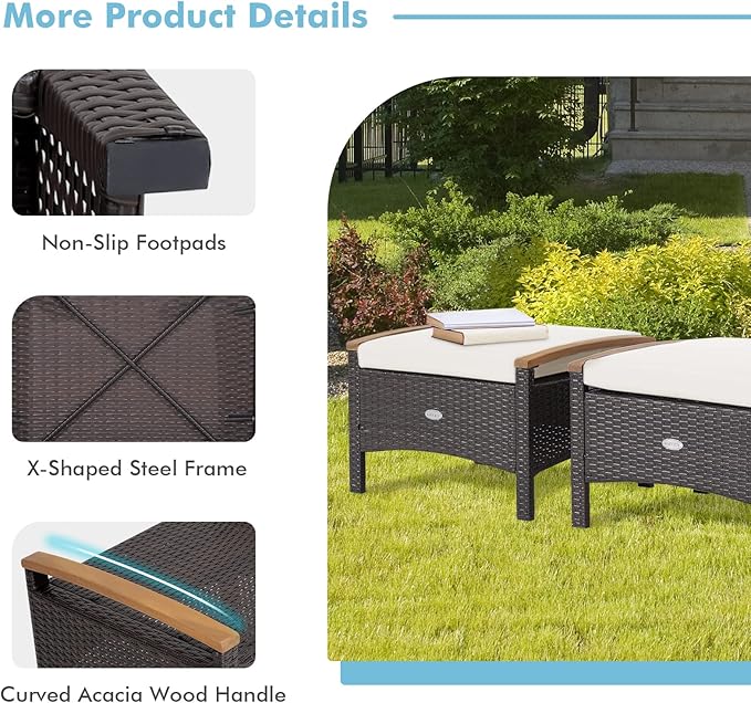 Tangkula 2 Piece Patio Rattan Ottomans, Outdoor Wicker Footstool w/Acacia Wood Handles, Soft Zippered Cushions, 3-in-1 Function Footstool Seat & Side Table for Backyard, Balcony, Poolside (Off White)