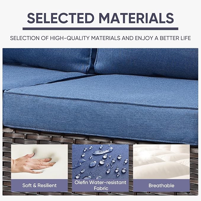 Belord Patio Conversation Set with Swivel Glider Chairs - 9 Piece Outdoor Sectional Furniture Set with Storage Box and Metal Top Table Brown Wicker/Blue Cushions