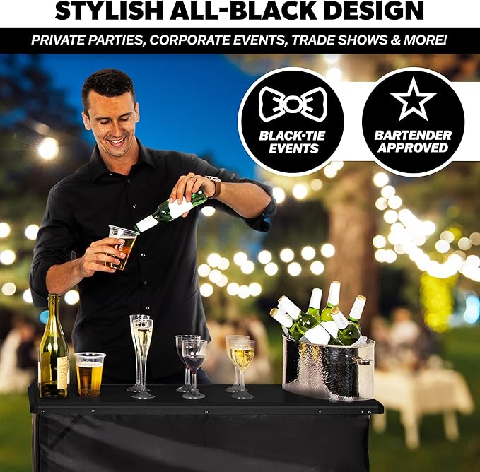 GoBar Portable Bar Table for Events - Black, 3 Skirts, or LED - Pop Up Mobile Bartending Station with Travel Carrying Case