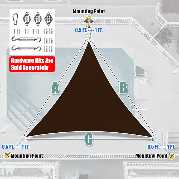Amgo Custom Size 10' x 10' x 10' Brown Triangle Sun Shade Sail UPF50+ AGTAPRT12, Order to Make Canopy Awning, 95% UV Blockage, Water & Air Permeable, Commercial Standard (We Customize)